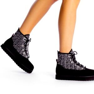 Larroude Vail Winter Boots- black, white leather woven lace up